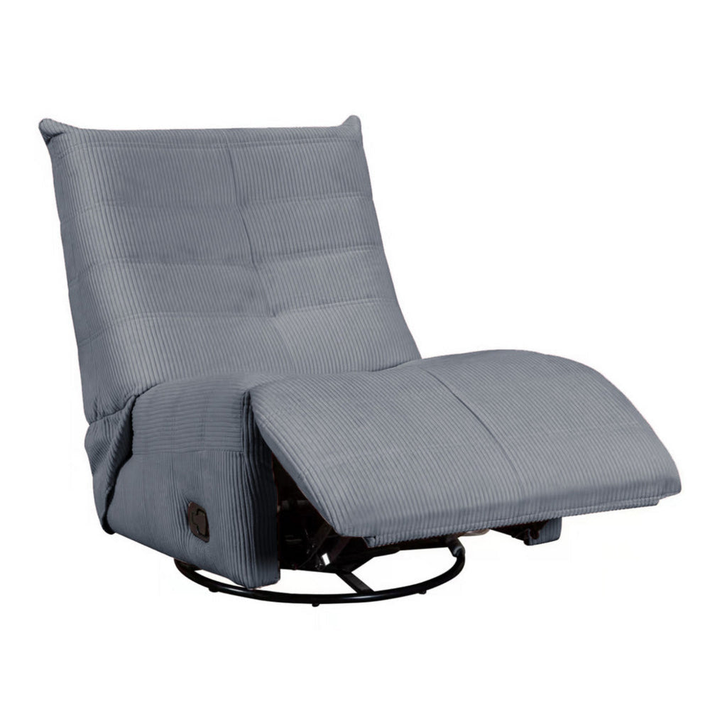 Gea 35 Inch Swivel Recliner Chair, Tufted, Blue Gray Corduroy, Solid Wood By Casagear Home