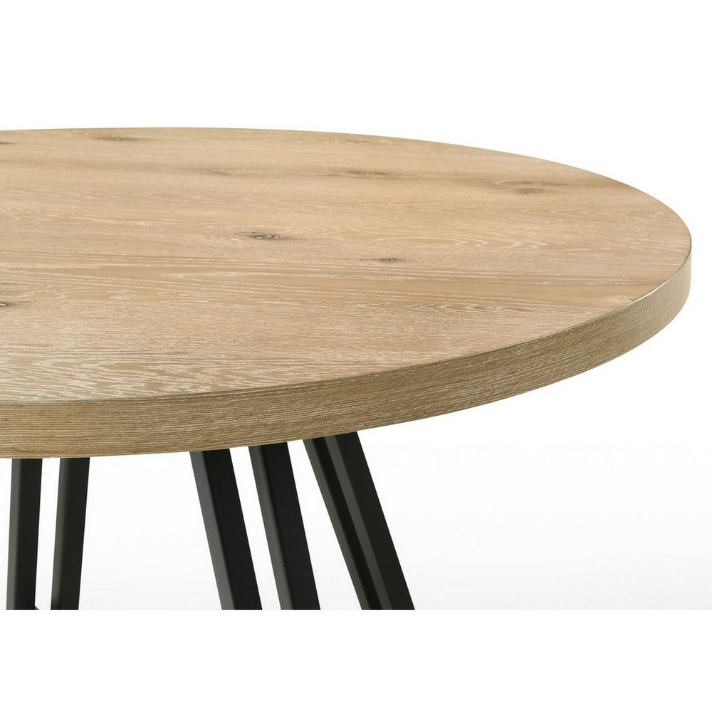 Tete 47 Inch Dining Table, Solid Brown Wood Round Top, Black Metal Base By Casagear Home