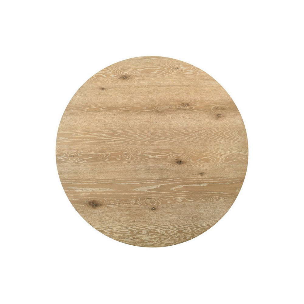 Tete 47 Inch Dining Table, Solid Brown Wood Round Top, Black Metal Base By Casagear Home