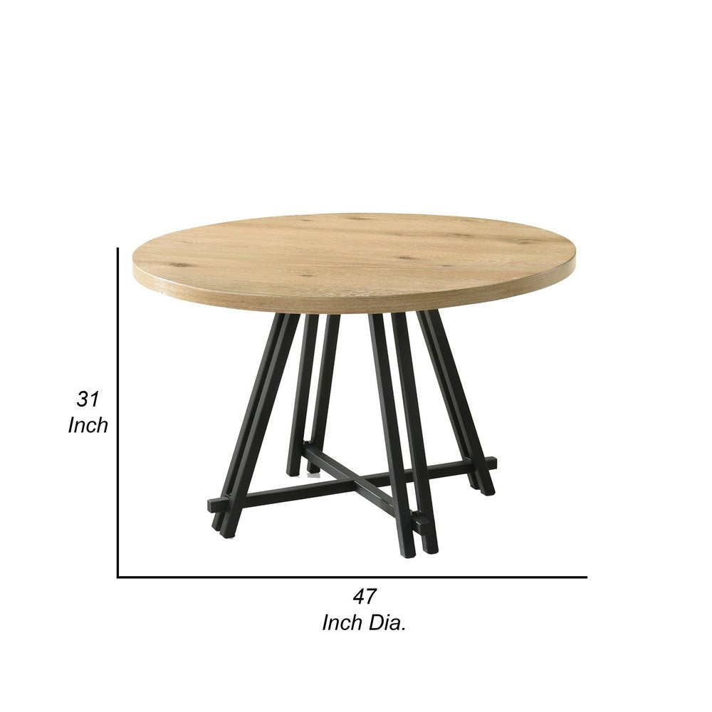 Tete 47 Inch Dining Table, Solid Brown Wood Round Top, Black Metal Base By Casagear Home