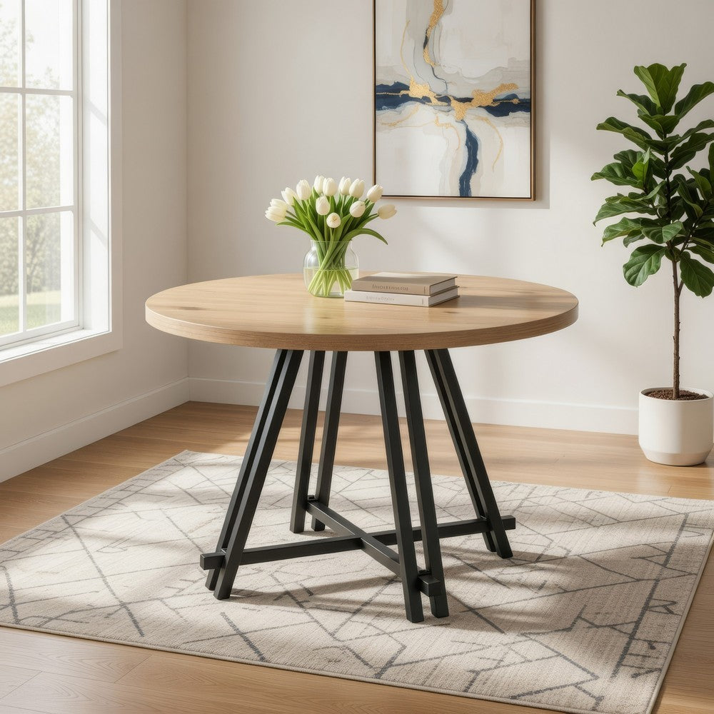 Tete 47 Inch Dining Table, Solid Brown Wood Round Top, Black Metal Base By Casagear Home