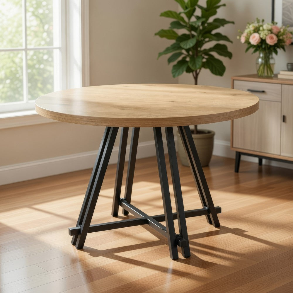 Tete 47 Inch Dining Table, Solid Brown Wood Round Top, Black Metal Base By Casagear Home