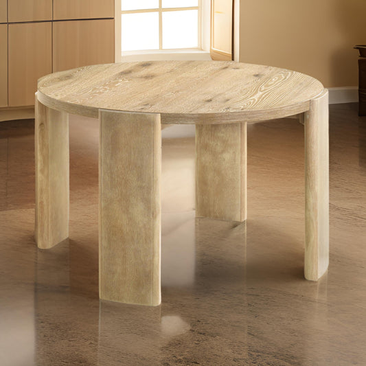 Bowny 47 Inch Dining Table Round Top Natural Oak Brown Finish Solid Wood By Casagear Home BM314854