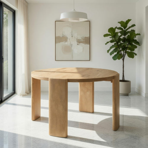 Bowny 47 Inch Dining Table, Round Top, Natural Oak Brown Finish, Solid Wood By Casagear Home
