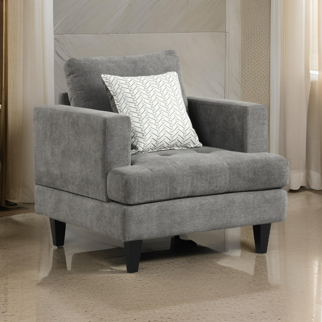 Lae 35 Inch Sofa Chair, 1 Throw Pillow, Tufted, Gray Chenille Upholstery By Casagear Home