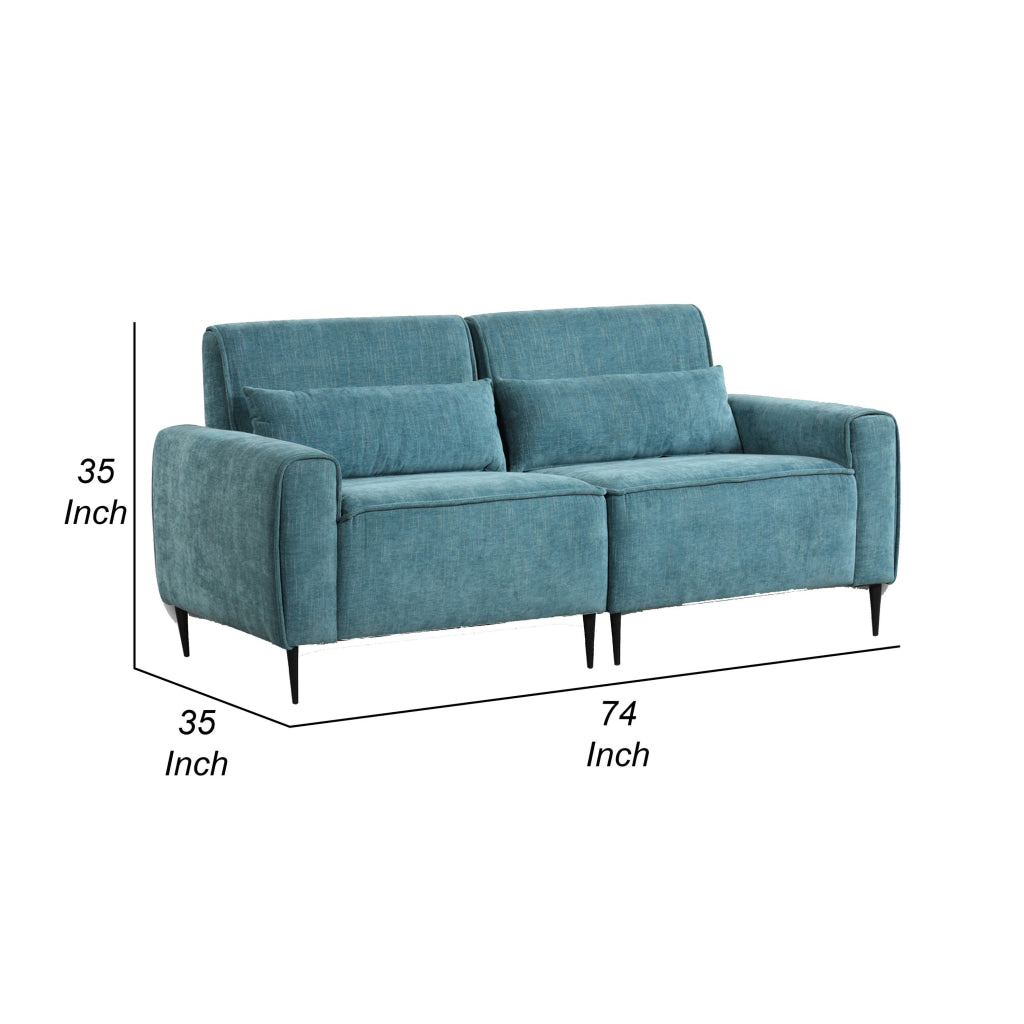 Tiu 74 Inch Sofa with 2 Lumbar Pillows Blue Chenille Metal Solid Wood By Casagear Home BM314862