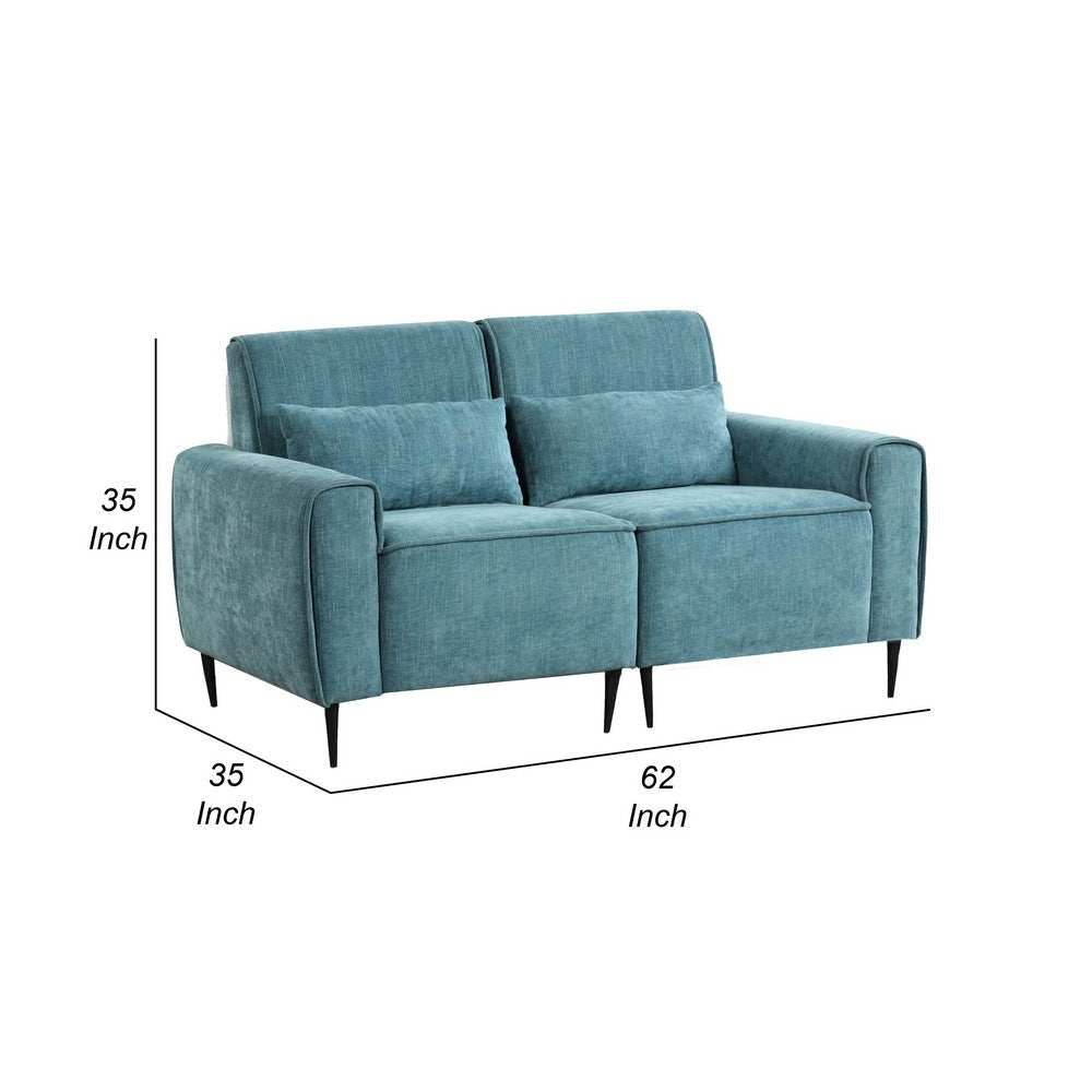 Tiu 62 Inch Loveseat with 2 Lumbar Pillows Blue Chenille Solid Wood By Casagear Home