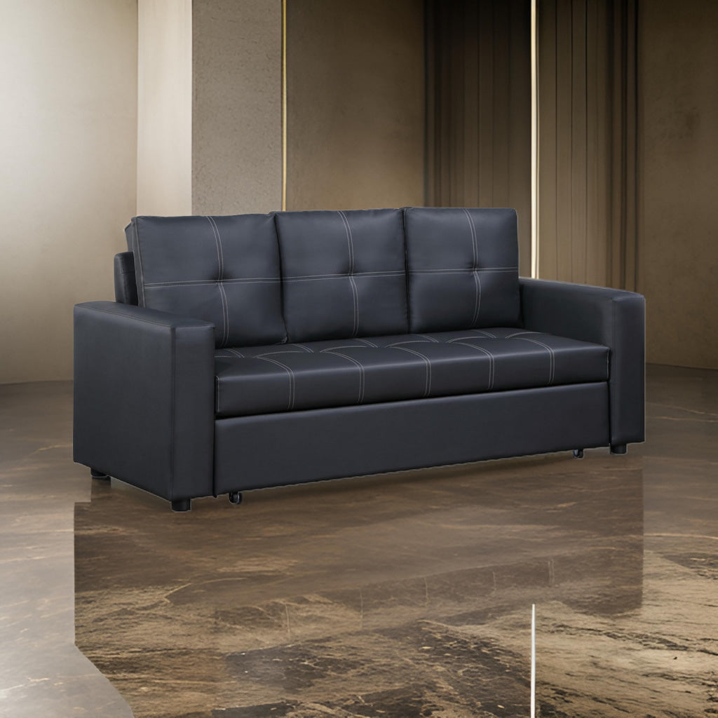 Ian 73 Inch Sleeper Sofa, Tufted Seats, Black Faux Leather, Solid Wood  By Casagear Home