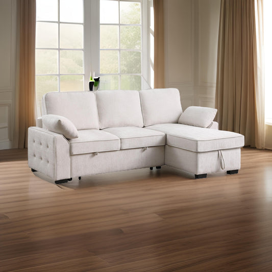 Ken 91 Inch Sectional Sofa, Drop Table, Storage Chaise, Soft Beige Chenille By Casagear Home