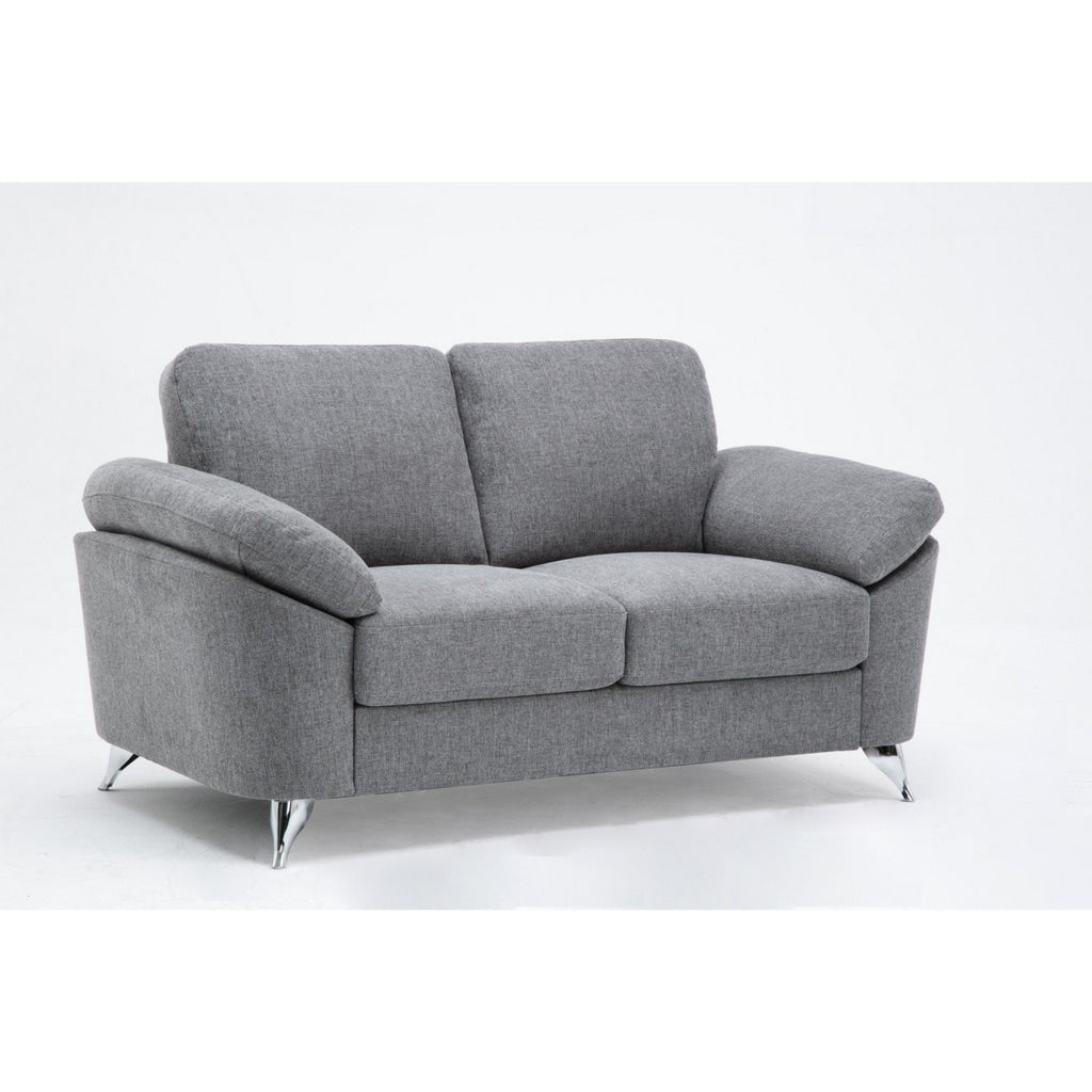 Nel 64 Inch Loveseat with Soft Gray Linen Chrome Metal Legs Solid Wood By Casagear Home BM314878