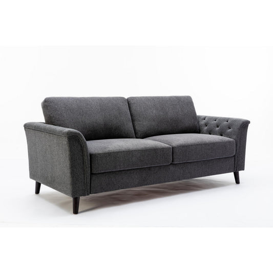 Sen 80 Inch Plush Sofa with Tufted Arms Padded Gray Linen Solid Wood By Casagear Home BM314881