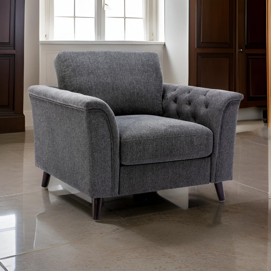 Sen 37 Inch Accent Sofa Chair Tufted Arms Padded Gray Linen Solid Wood By Casagear Home BM314883