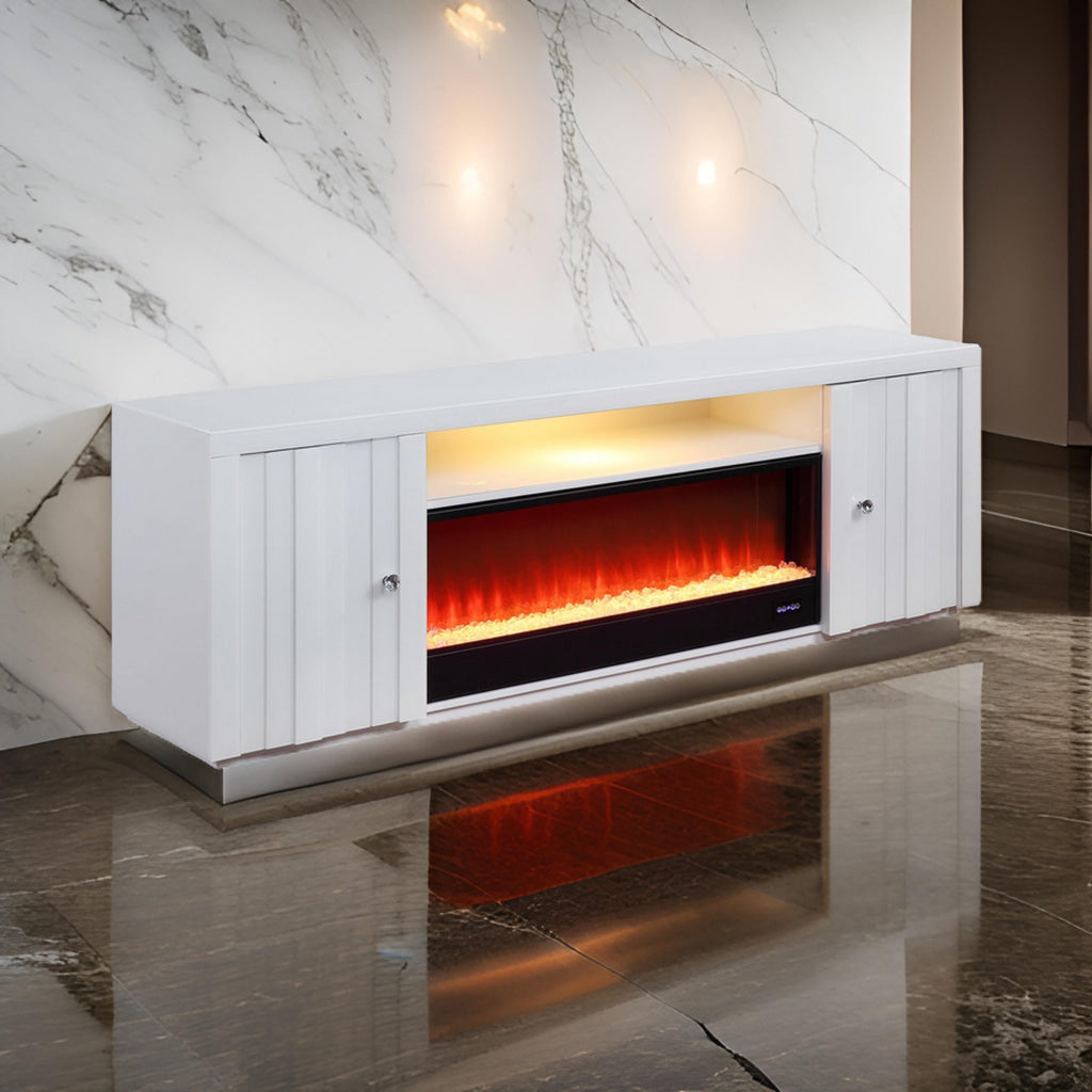 Eid 71 Inch TV Console with Fireplace Speaker 2 Cabinets White Wood By Casagear Home BM314893