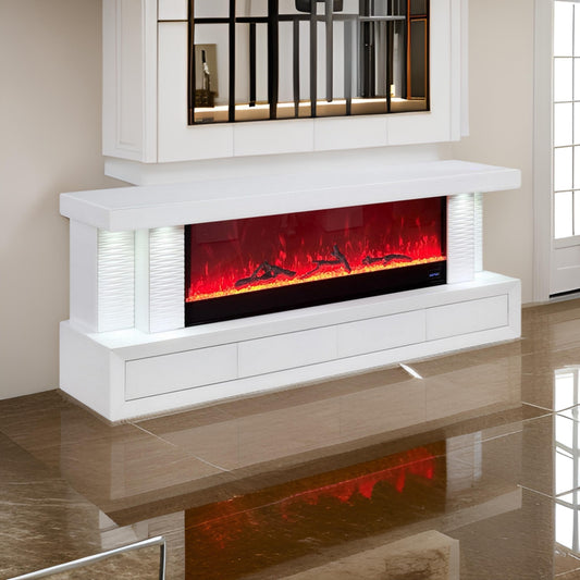 Cere 71 Inch TV Console with Fireplace and Speaker, Drawers, White Wood By Casagear Home