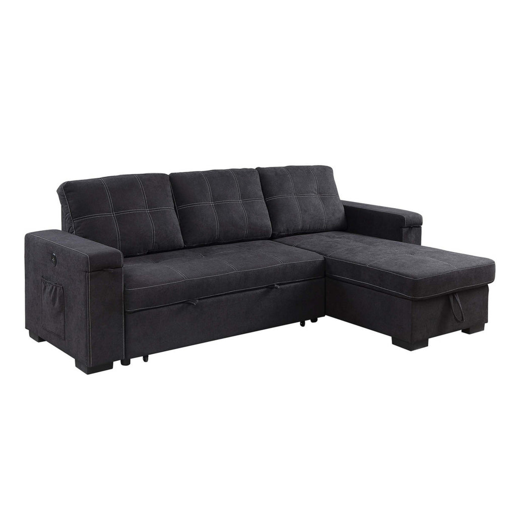 Oby 95 Inch Reversible Sleeper Sectional Sofa Storage Chaise USB Black By Casagear Home BM314907