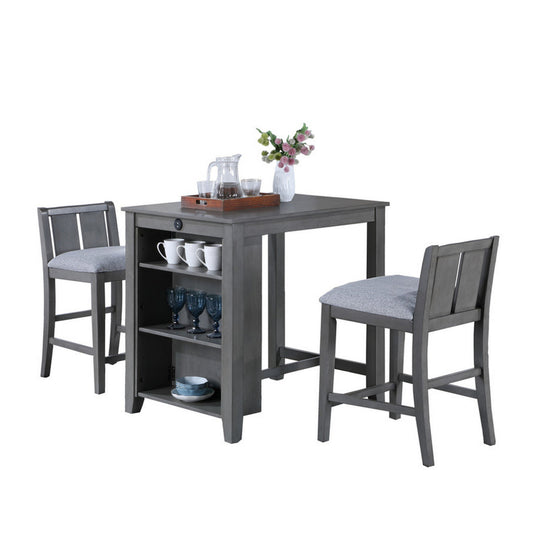 Ham 3 Piece Counter Height Compact Dining Table, Chair Set, Gray Wood By Casagear Home