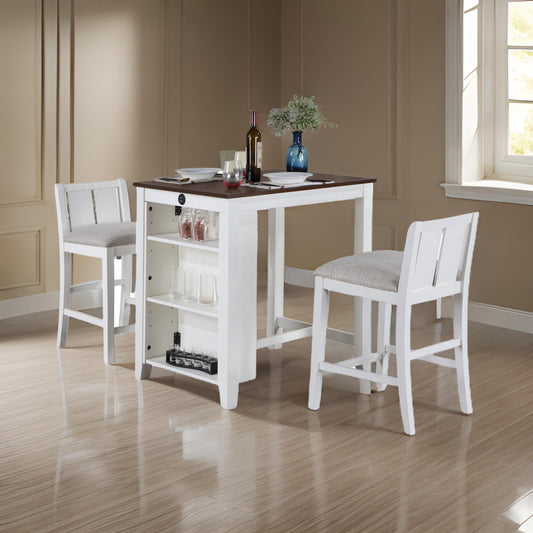 Ham 3 Piece Counter Height Compact Dining Table, Chair Set, White Wood By Casagear Home