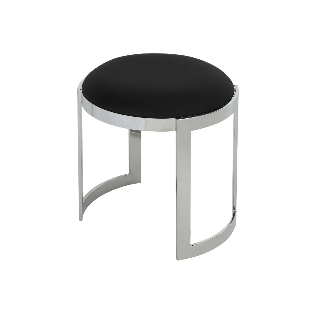 Niyo 19 Inch Accent Stool Ottoman Ottoman, Round Black Faux Leather, Silver By Casagear Home