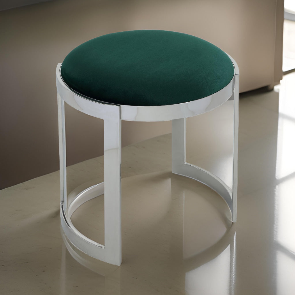 Niyo 19 Inch Accent Stool Ottoman Round Seat Soft Green Velvet Silver By Casagear Home BM314918