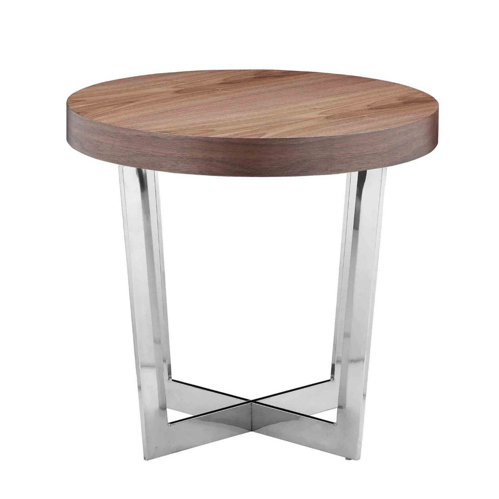 Tini 24 Inch Side End Table, Round Shaped Top, Metal Frame, Walnut Brown By Casagear Home