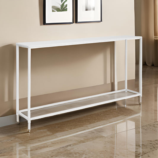 Eme 56 Inch Console Table, Rectangular Top, White Finish Metal Frame  By Casagear Home