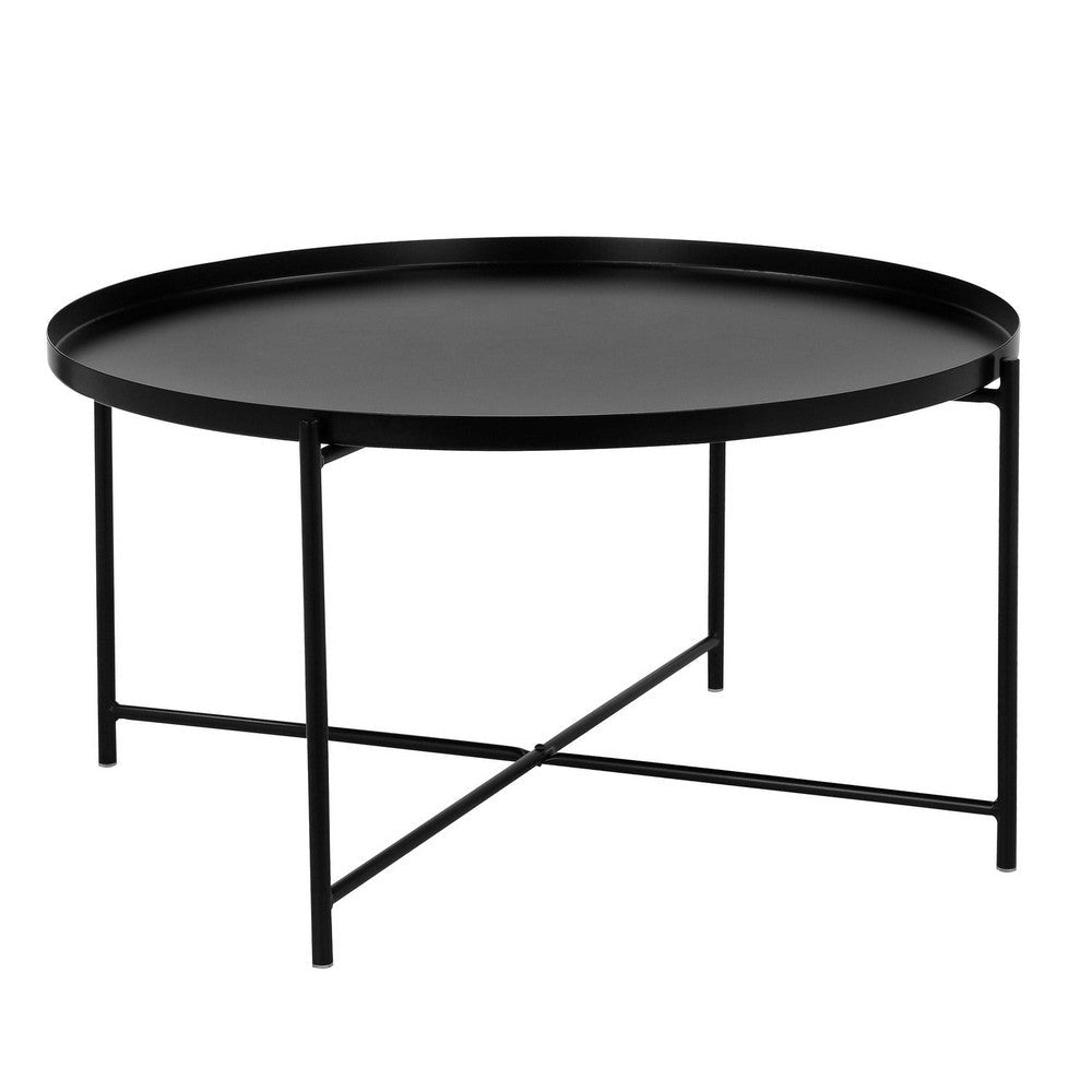 Ely 33 Inch Coffee Table Round Tray Top Cross Base Black Metal Finish By Casagear Home BM314935