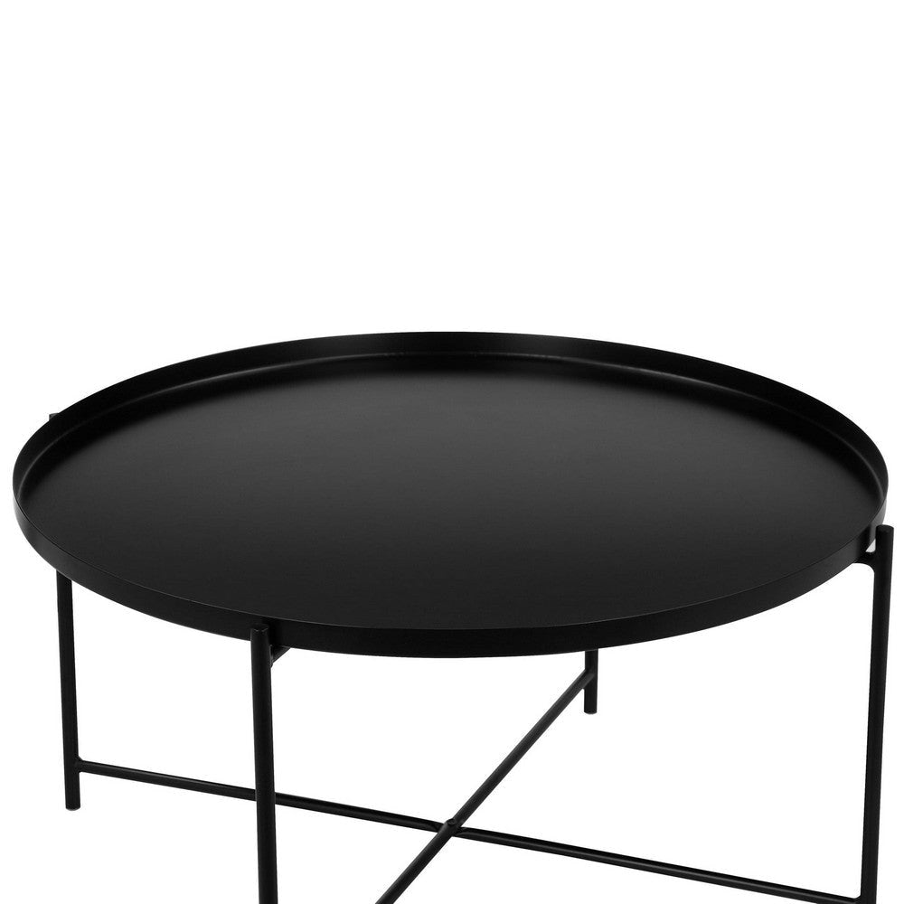 Ely 33 Inch Coffee Table Round Tray Top Cross Base Black Metal Finish By Casagear Home BM314935