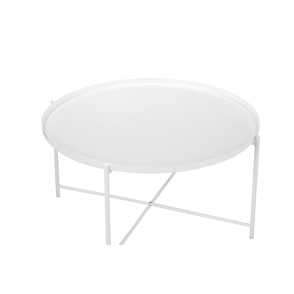 Ely 33 Inch Coffee Table Round Top with Cross Base White Metal Finish By Casagear Home BM314936