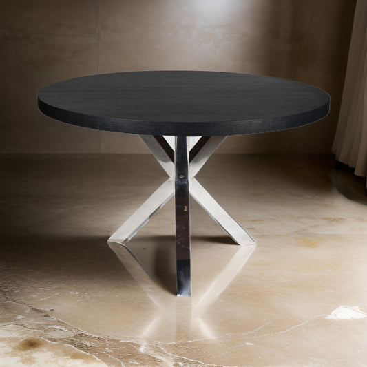 Emi 47 Inch Round Dining Table X- Cross Metal Base Black Wood Silver By Casagear Home BM314937