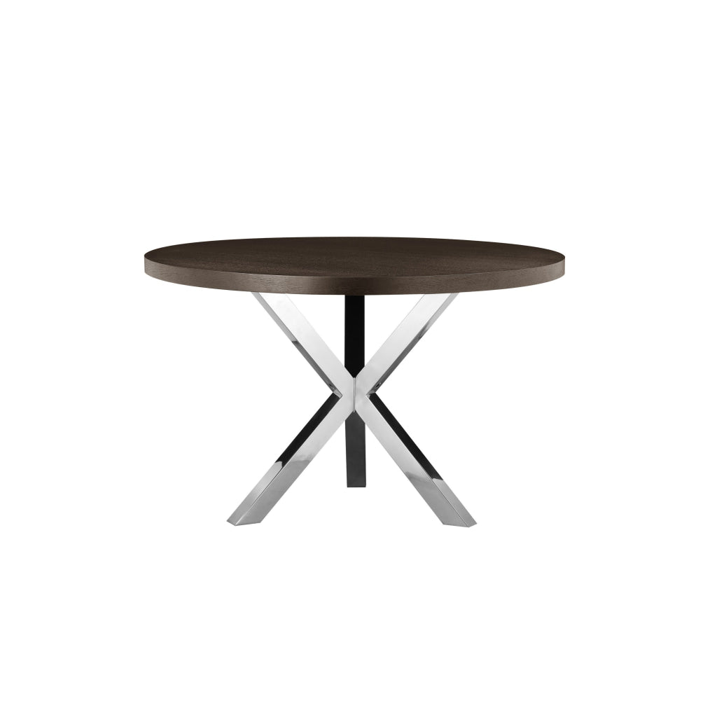 Emi 47 Inch Round Dining Table X- Cross Brushed Steel Dark Brown Wood By Casagear Home BM314938