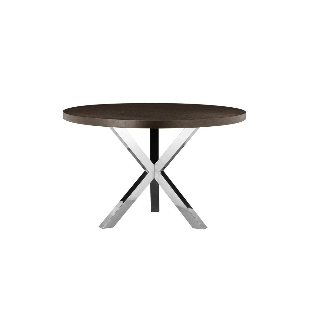 Emi 47 Inch Round Dining Table, X- Cross Brushed Steel, Dark Brown Wood By Casagear Home