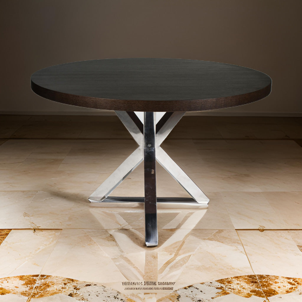 Emi 47 Inch Round Dining Table X- Cross Brushed Steel Dark Brown Wood By Casagear Home BM314938