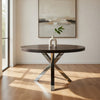 Emi 47 Inch Round Dining Table, X- Cross Brushed Steel, Dark Brown Wood By Casagear Home
