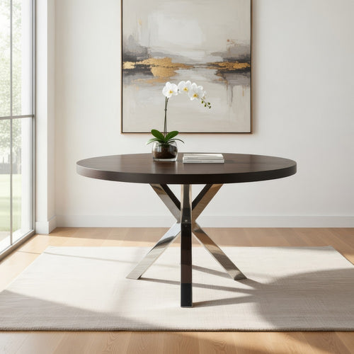Emi 47 Inch Round Dining Table, X- Cross Brushed Steel, Dark Brown Wood By Casagear Home