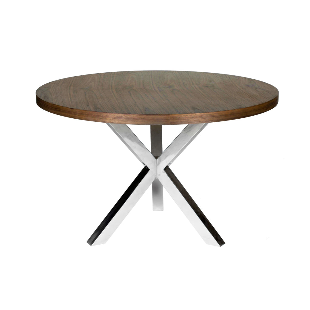 Emi 47 Inch Round Dining Table X- Cross Brushed Steel Walnut Brown Wood By Casagear Home BM314939