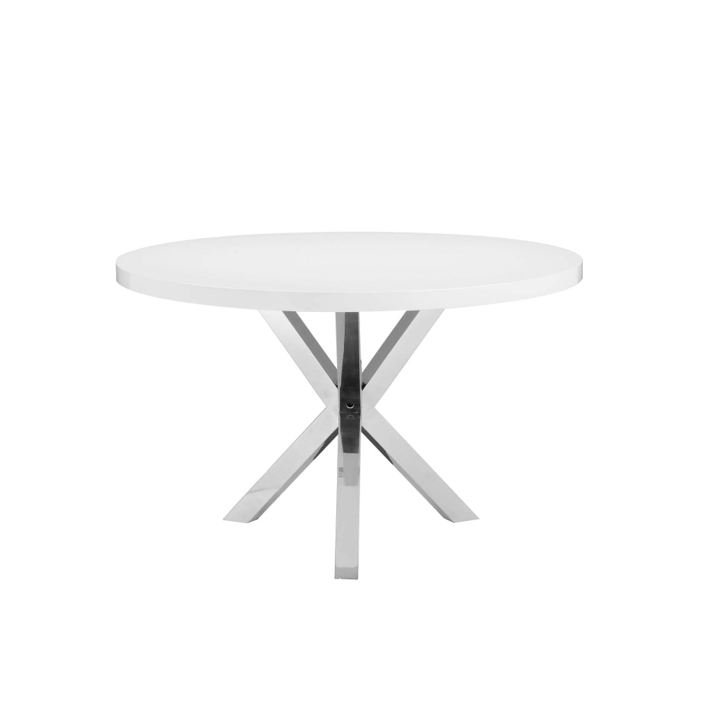 Emi 47 Inch Round Dining Table X- Cross Brushed Steel White Wood By Casagear Home BM314940