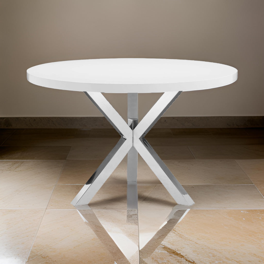 Emi 47 Inch Round Dining Table X- Cross Brushed Steel White Wood By Casagear Home BM314940