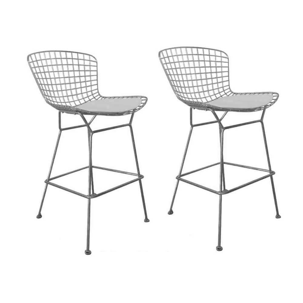 Hely 28 Inch Barstool Set of 2, Chrome Wire, Black, White Faux Leather Seat By Casagear Home