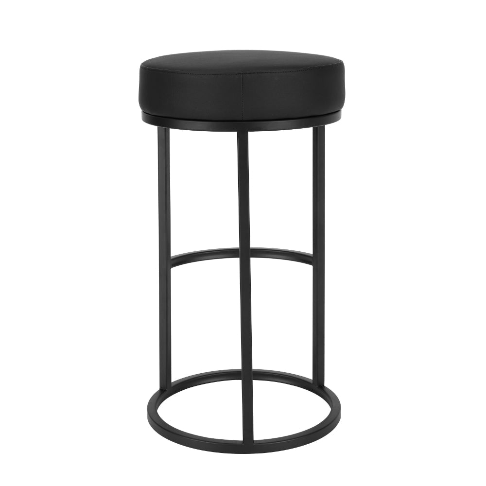 Tane 30 Inch Barstool, Round Black Faux Leather Padded Seat, Black Metal By Casagear Home