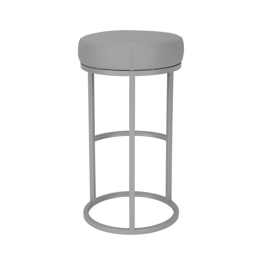 Tane 30 Inch Barstool, Round Gray Faux Leather Padded Seat, Gray Metal Base By Casagear Home