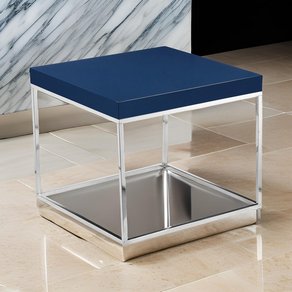 Zen 24 Inch Side End Table, Square, Polished Blue Top, Chrome Metal Finish By Casagear Home