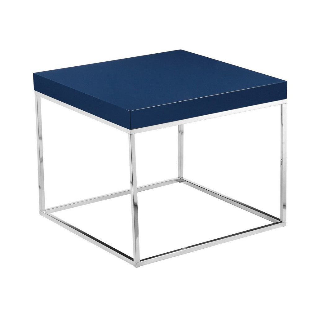 Zen 24 Inch Side End Table Square Polished Blue Top Chrome Metal Finish By Casagear Home BM314959