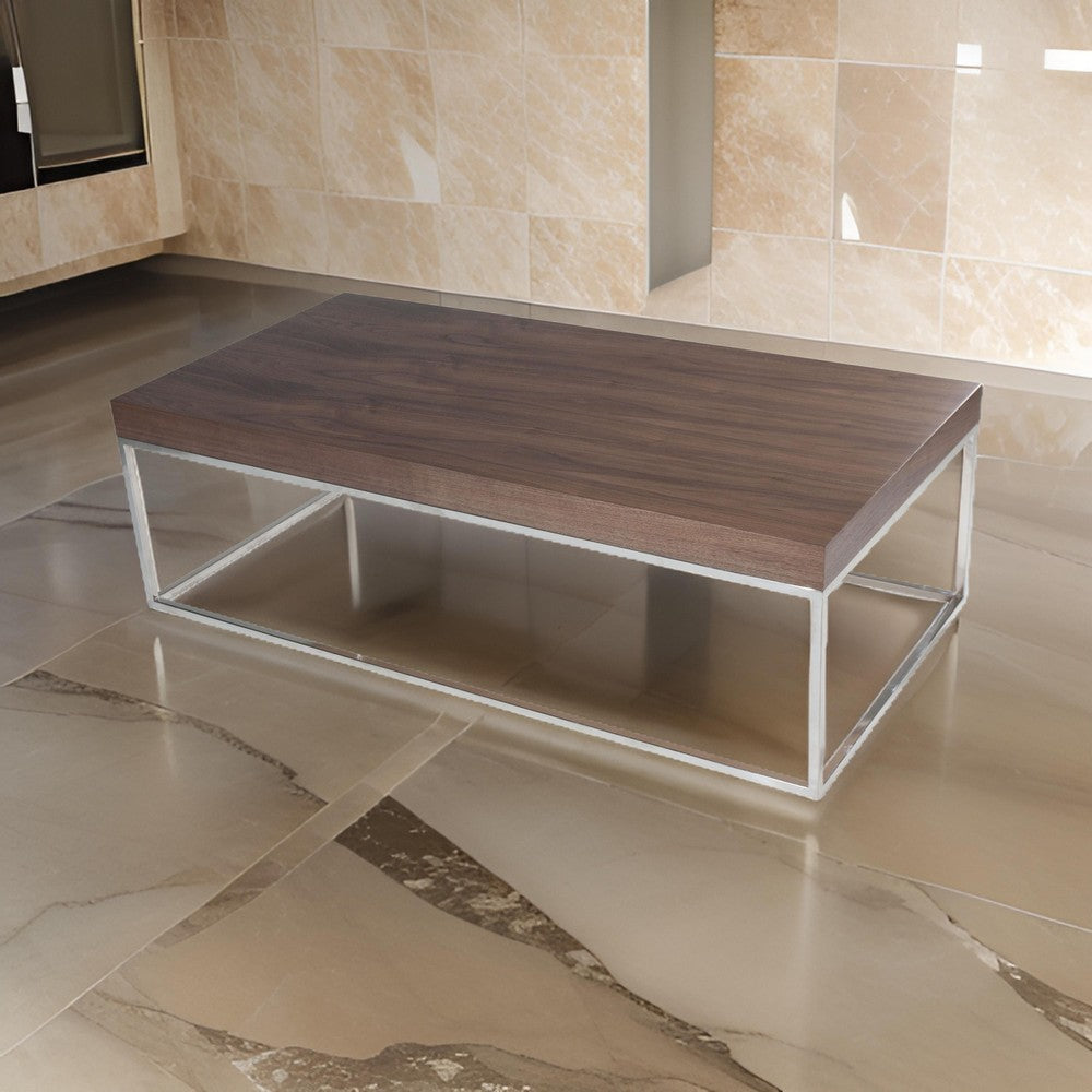 Zen 48 Inch Coffee Table, Rectangular, Chrome Base, Walnut Brown Wood Top By Casagear Home