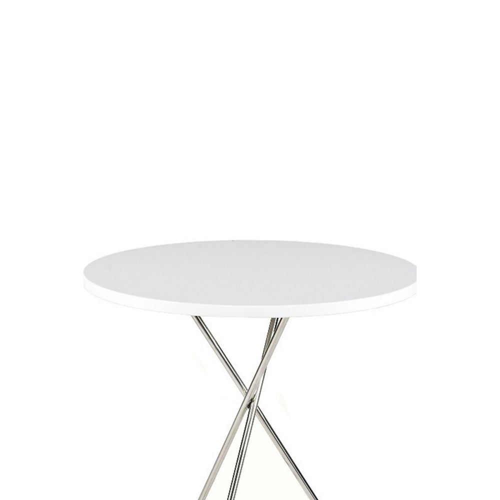 Oly 22 Inch Side End Table, Modern Round White Top, Crossed Base, Chrome By Casagear Home