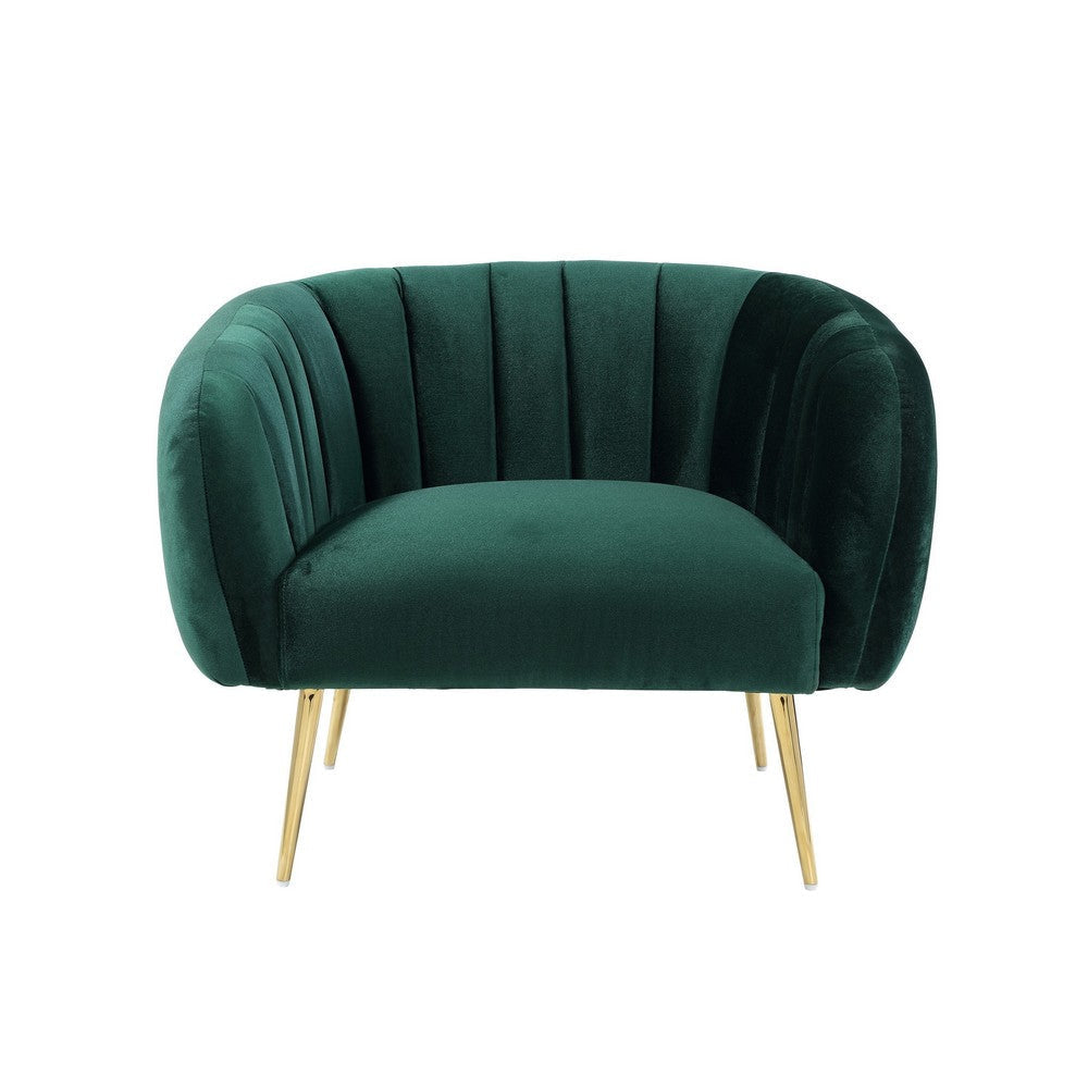 Decy 34 Inch Accent Chair Channel Stitched Cushioned Green Velvet Gold By Casagear Home