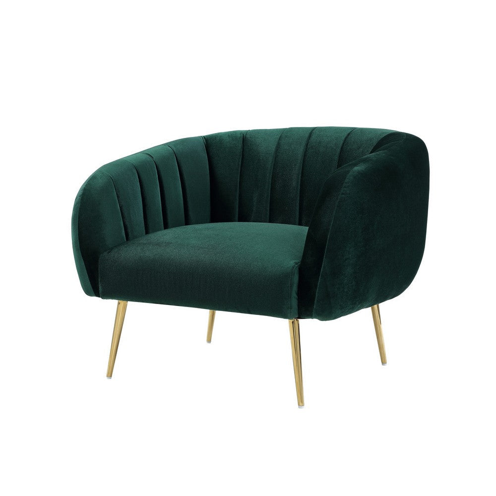 Decy 34 Inch Accent Chair Channel Stitched Cushioned Green Velvet Gold By Casagear Home
