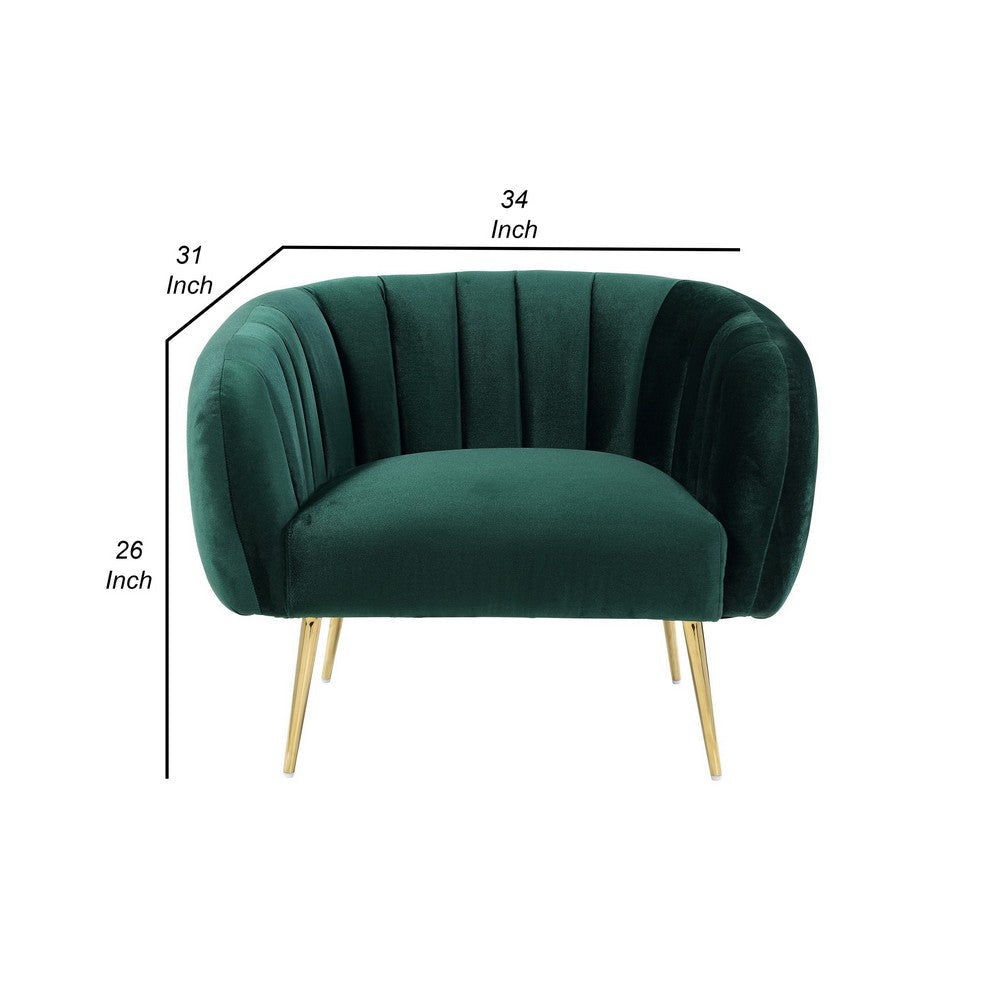 Decy 34 Inch Accent Chair Channel Stitched Cushioned Green Velvet Gold By Casagear Home
