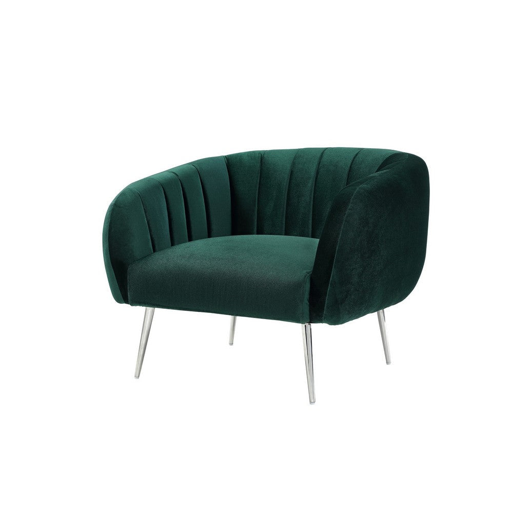 Decy 34 Inch Accent Chair Channel Stitched Cushioned Green Velvet Silver By Casagear Home