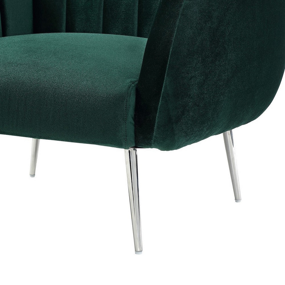 Decy 34 Inch Accent Chair Channel Stitched Cushioned Green Velvet Silver By Casagear Home