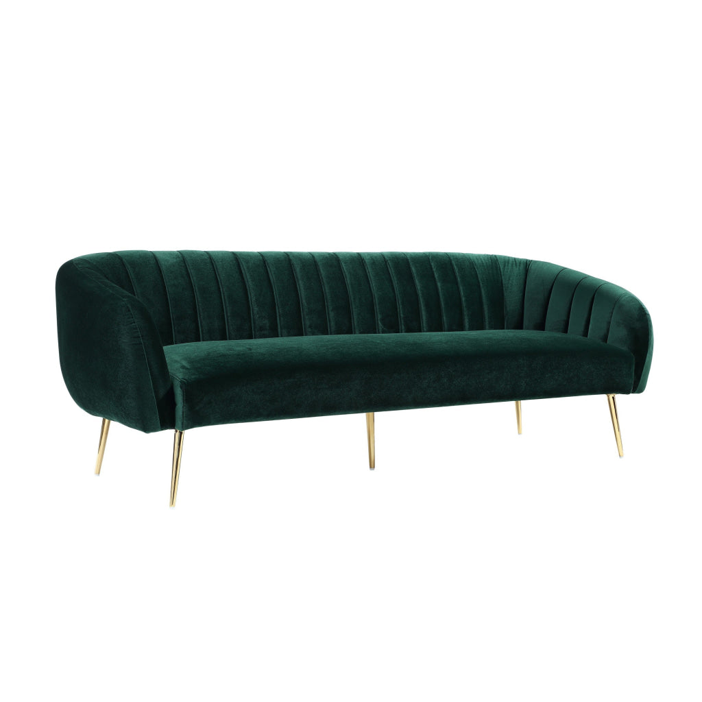 Decy 74 Inch Sofa Channel Stitched Cushioned Seat Green Velvet Gold By Casagear Home BM314970